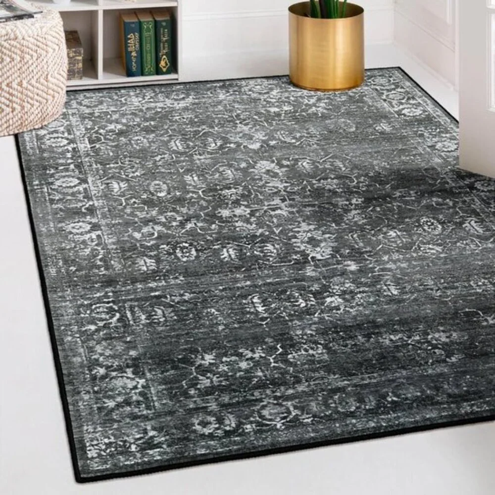 5x7 Black Washable Area Rug, Non-Slip Stain Resistant Carpet for Home & Office
